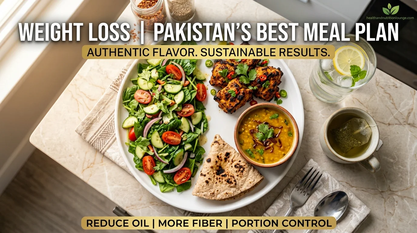 A high-resolution Pakistani weight loss diet plate featuring half-filled fresh salad, grilled chicken tikka, yellow daal soup, and whole wheat roti on a clean dining table.