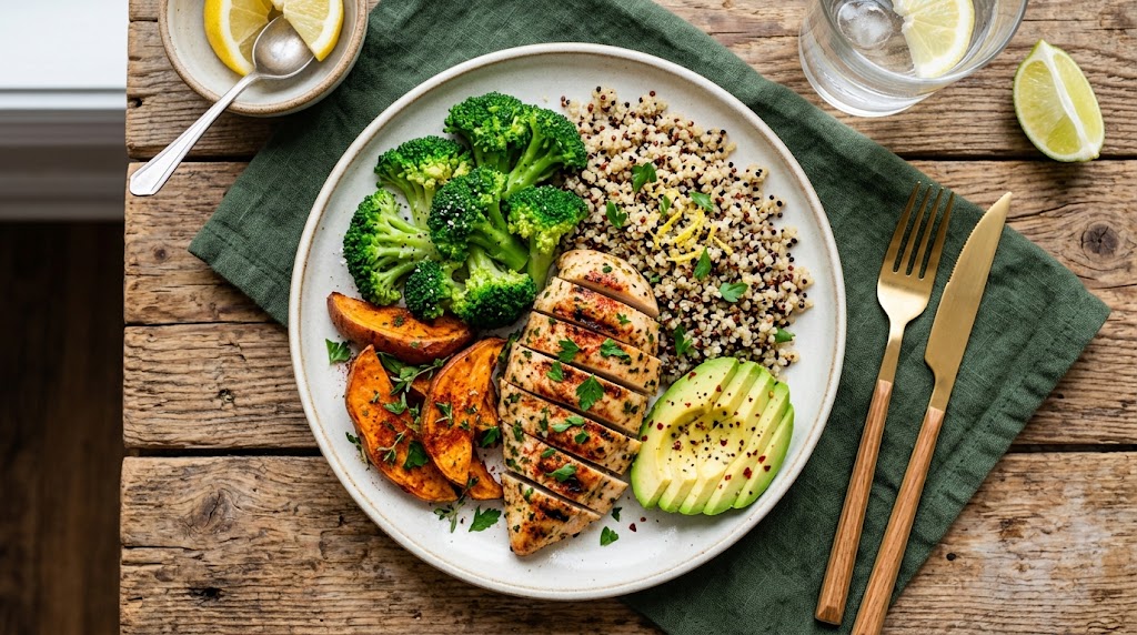 A balanced meal plate featuring grilled chicken, quinoa, roasted sweet potatoes, broccoli, and avocado slices for weight loss