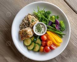 Balanced diet portion plate showing grilled chicken breast, quinoa, broccoli, and fresh vegetables