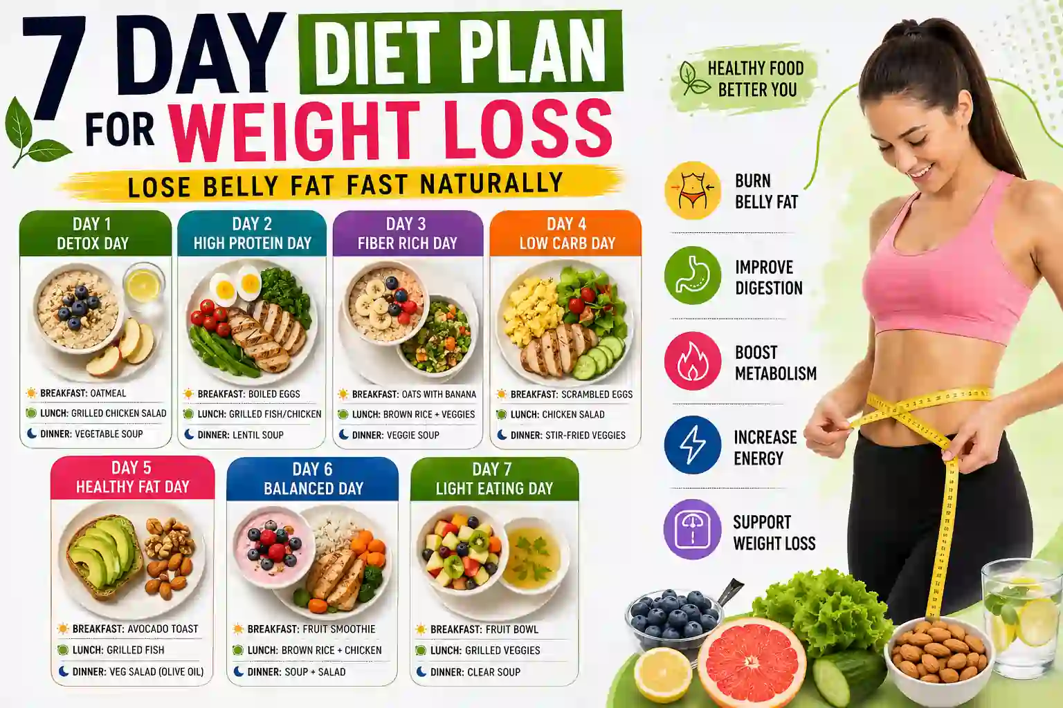 Infographic showing a 7 day diet plan for weight loss with healthy meals, fat-burning foods, belly fat reduction tips, and daily meal ideas for natural weight loss.