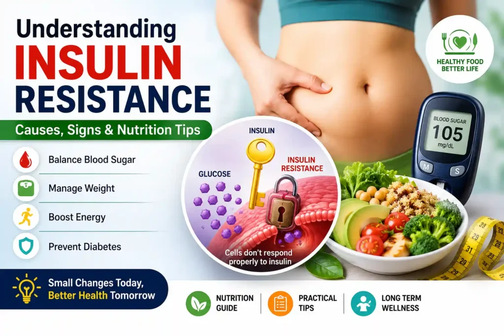 Medical infographic explaining insulin resistance, its causes, symptoms, and healthy nutrition tips for better blood sugar management.
