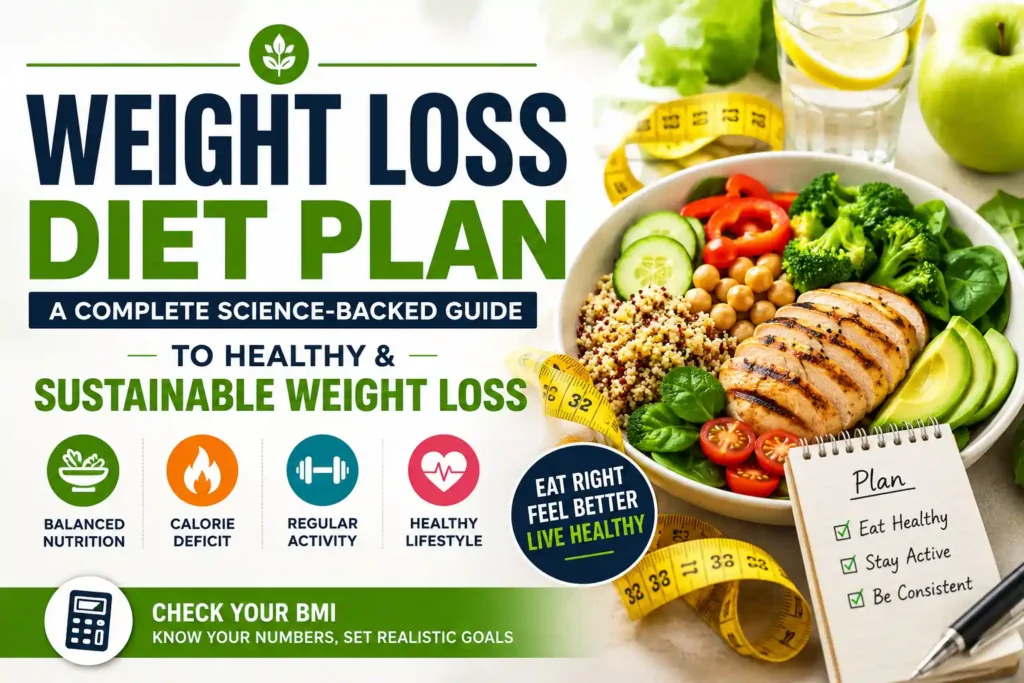 Healthy weight loss diet plan with balanced meals and BMI calculator concept