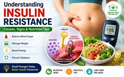 Medical infographic explaining insulin resistance, its causes, symptoms, and healthy nutrition tips for better blood sugar management.